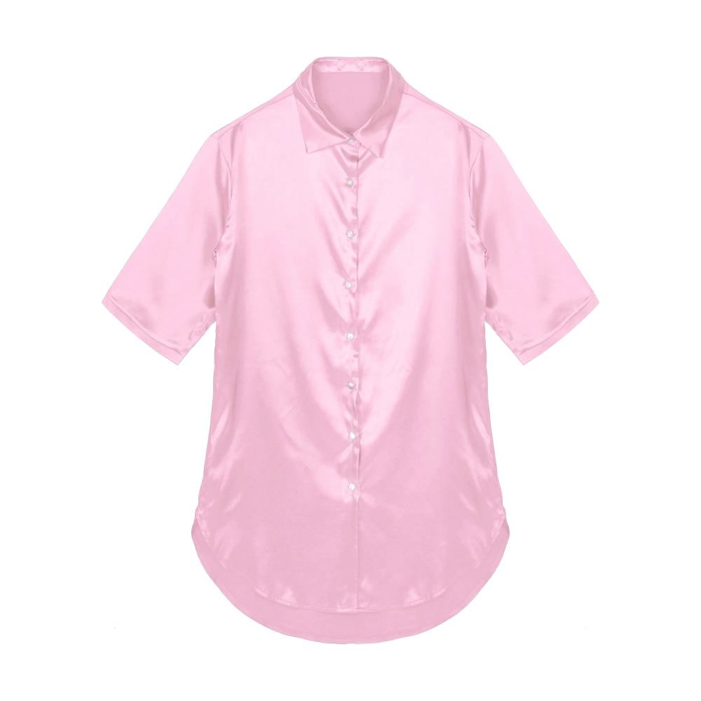 Elegant pink satin shirt for women, featuring 3/4 sleeves and a casual free cut, perfect for day or night wear.