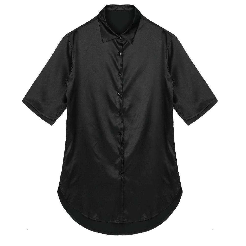 Black women's satin shirt with 3/4 sleeves, stylish and comfy casual wear, perfect for nightwear.