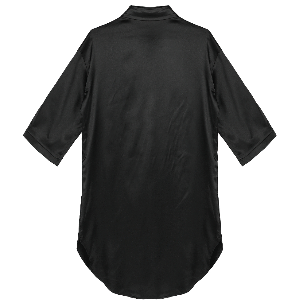Back view of a sexy women's satin shirt with 3/4 sleeves in classic black, showcasing its elegant and comfy design.