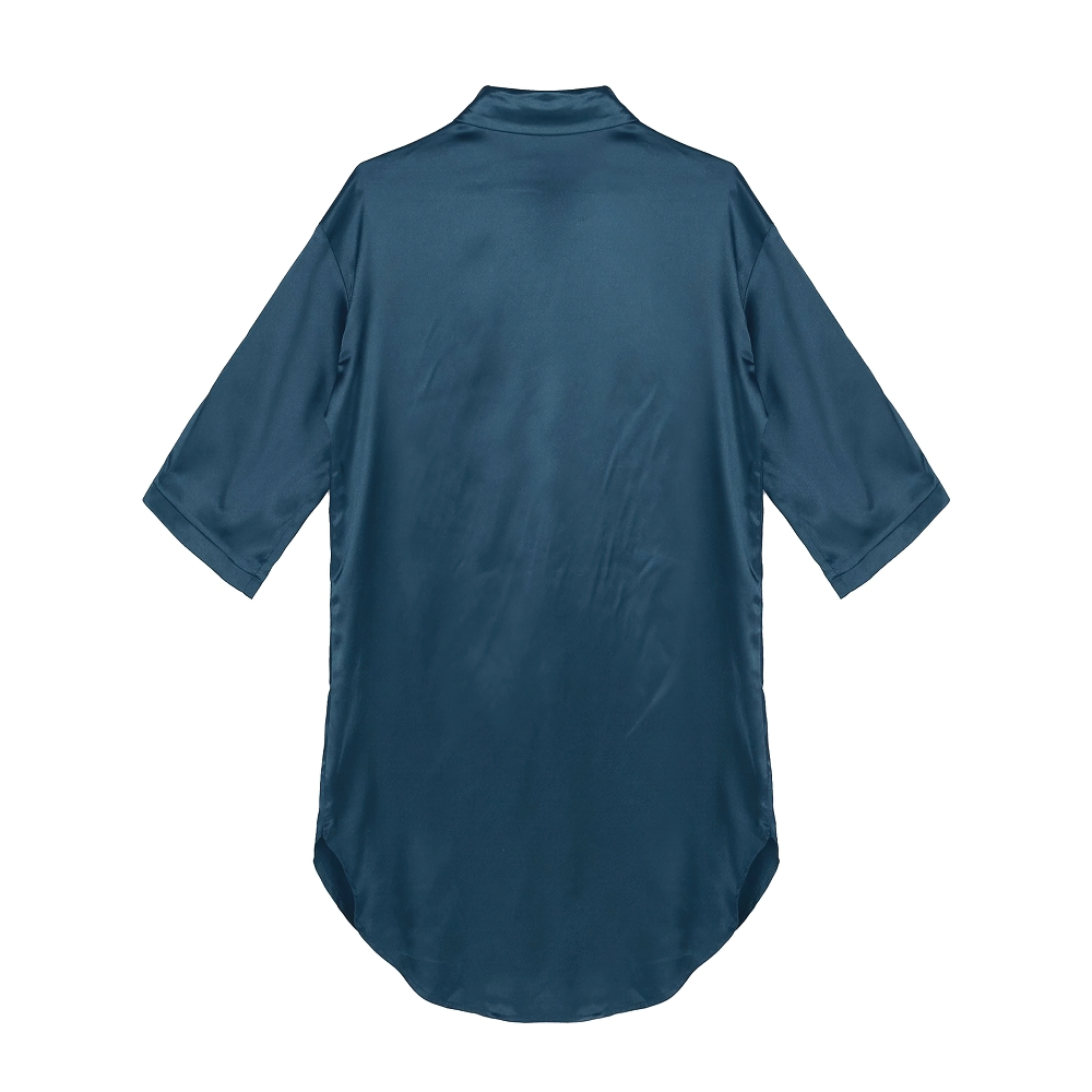 Back view of a sexy women's satin shirt with 3/4 sleeves in solid teal color, perfect for casual wear.