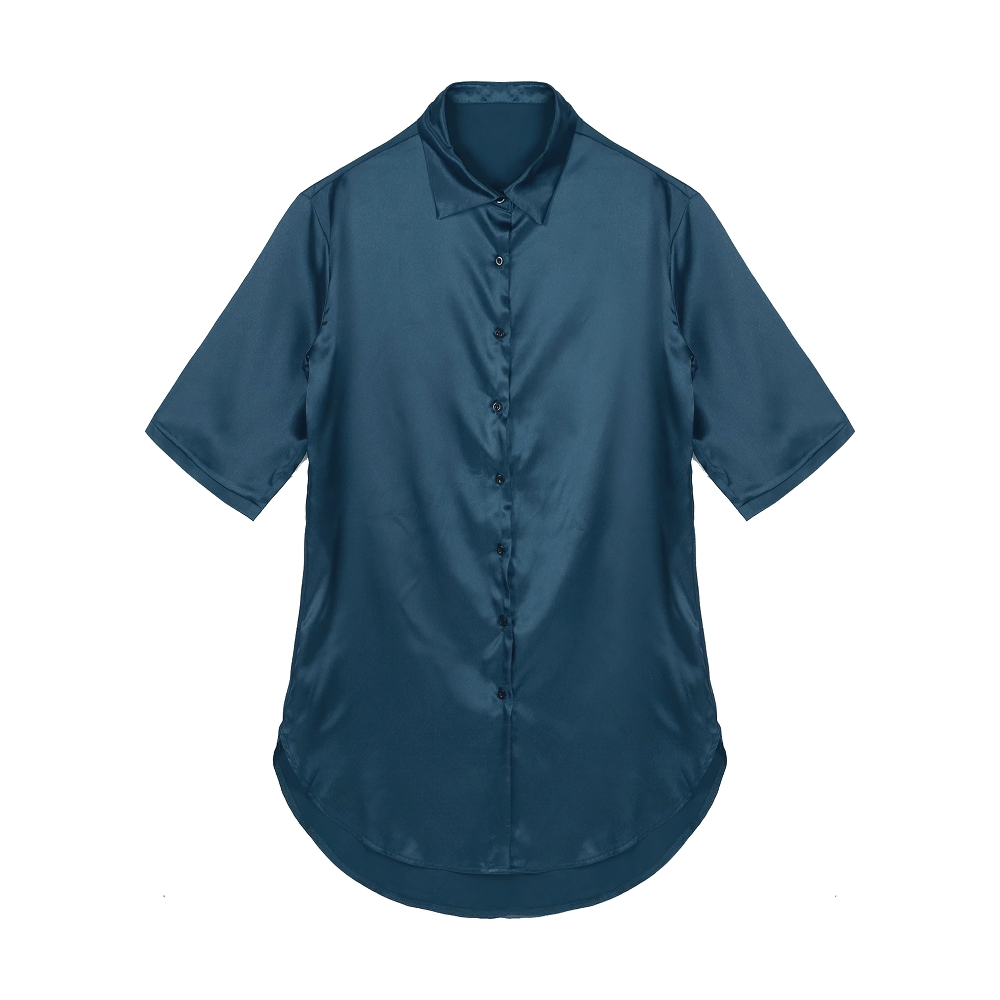 Stylish women's satin shirt in solid blue color, featuring a collared neckline and 3/4 sleeves for casual comfort.