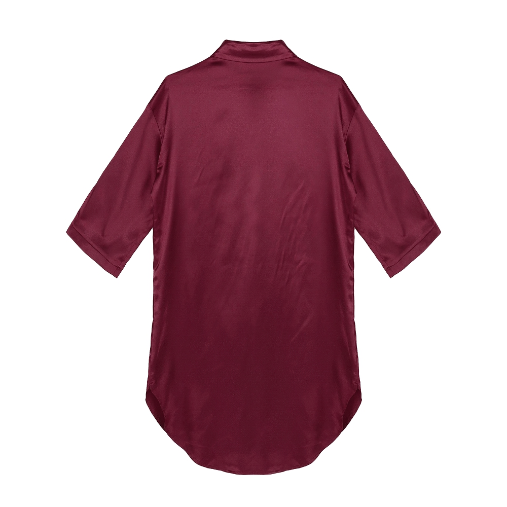 Back view of a sexy women's satin shirt with 3/4 sleeves in deep burgundy color, perfect for casual wear.
