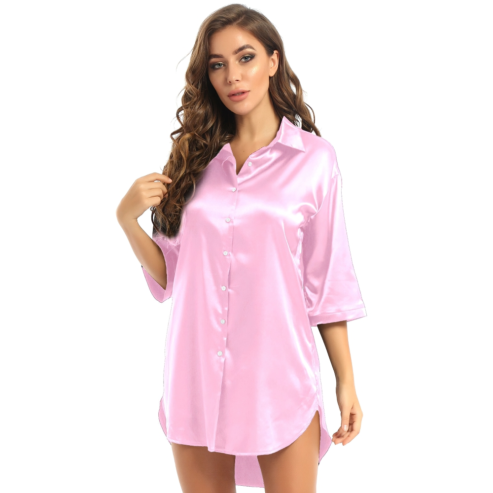 Stylish women's satin shirt in pink, featuring 3/4 sleeves, perfect for casual and comfortable wear.