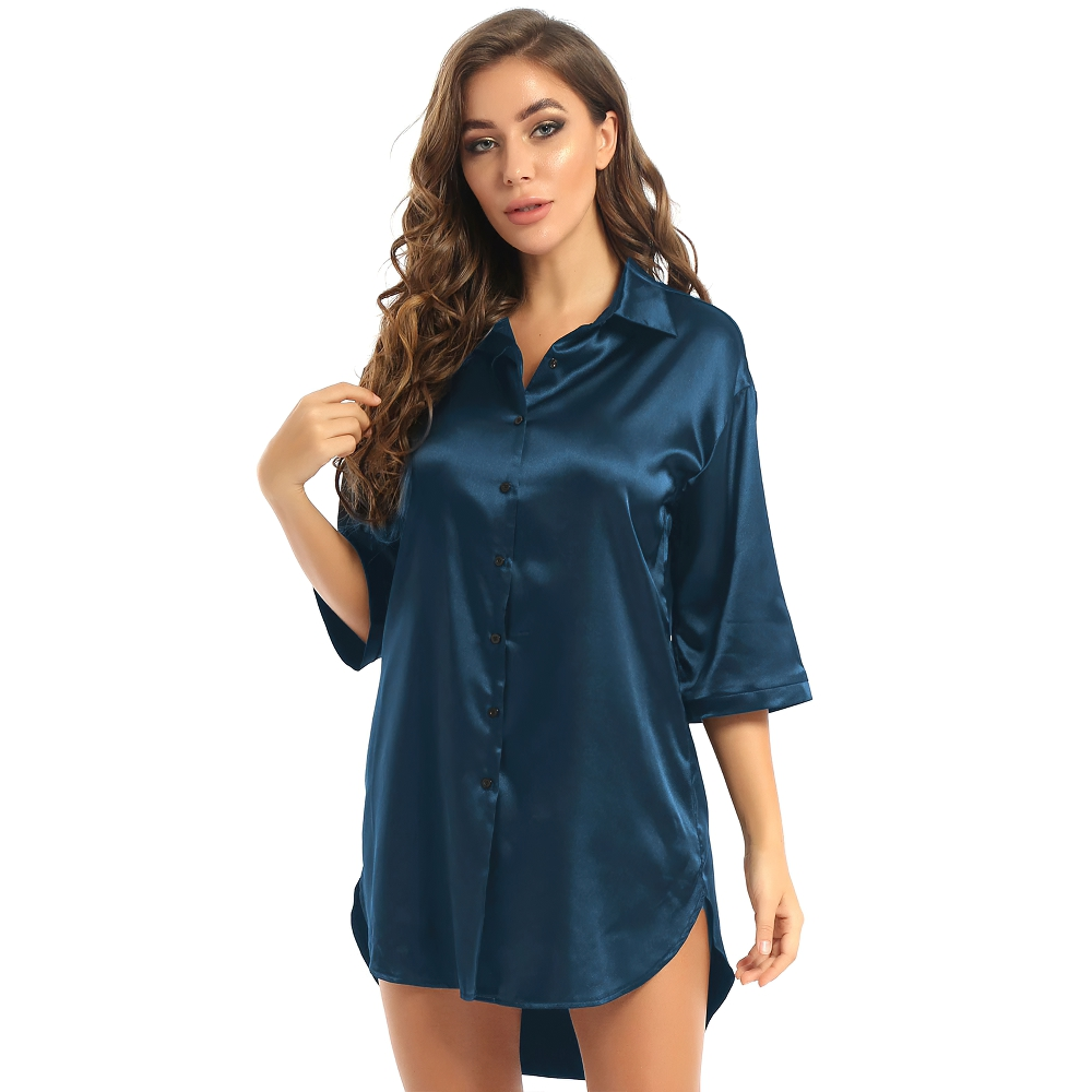Sexy Women's Satin Shirt with 3/4 Sleeve / Female Nightshirt Solid Color - HARD'N'HEAVY