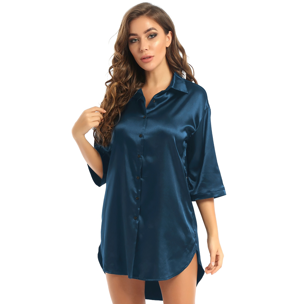 Stylish women's satin shirt with 3/4 sleeves in navy blue, perfect for casual wear and nightshirts.