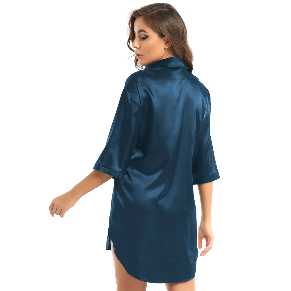 Stylish women's satin shirt with 3/4 sleeves in deep blue, perfect for casual wear or as a nightshirt.