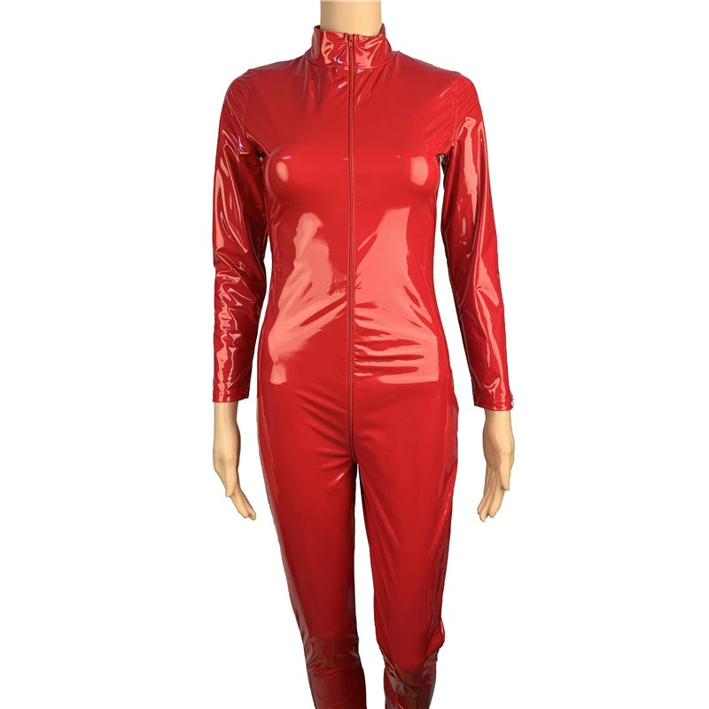 Sexy Women's Shiny PU Leather Jumpsuit / Female Long Sleeve Zipper Full Bodysuit Costume - HARD'N'HEAVY