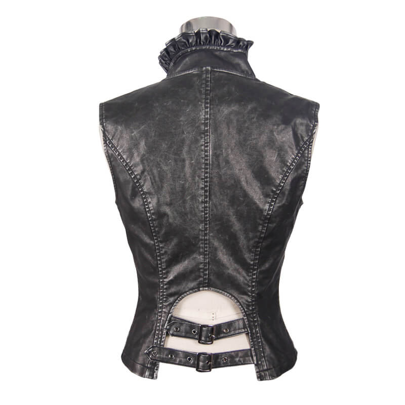 Sexy Women's Steampunk PU Leather Waistcoat With Leather Frills / Female Alternative Clothing - HARD'N'HEAVY