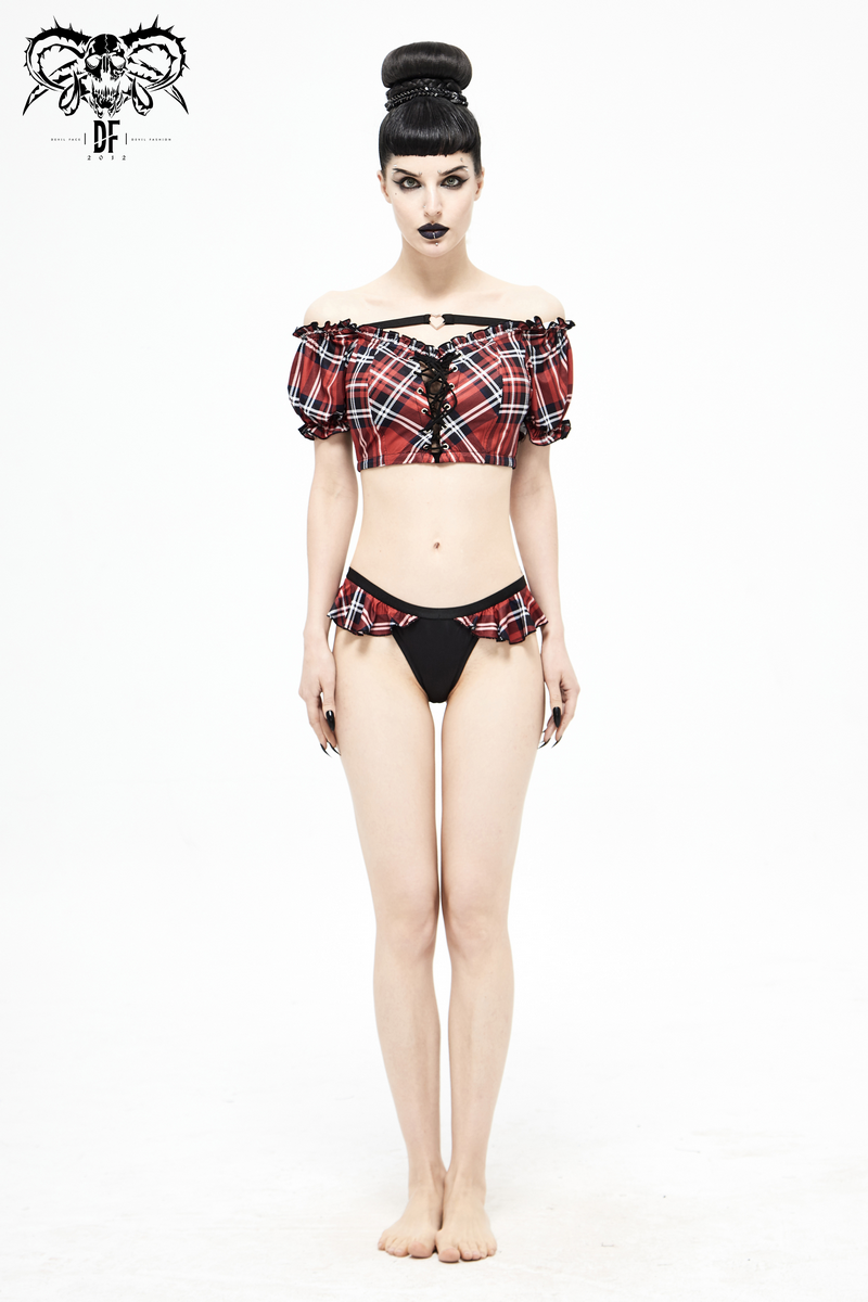 Model wearing sexy women's Scottish check swimwear with ruffles and grunge style, perfect for beach outings.