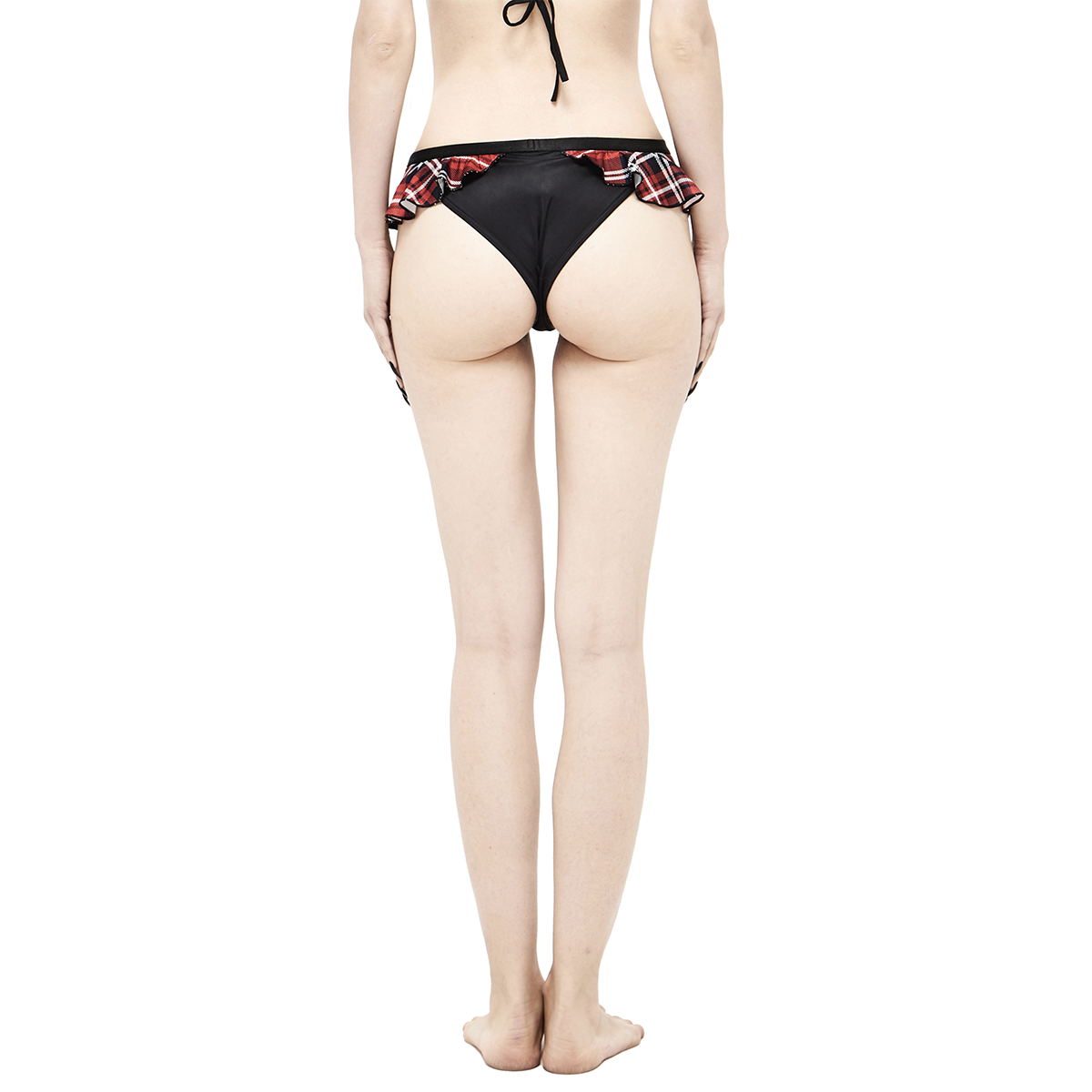 Back view of sexy women's swimming trunks with Scottish check ruffles, perfect for a trendy summer look.