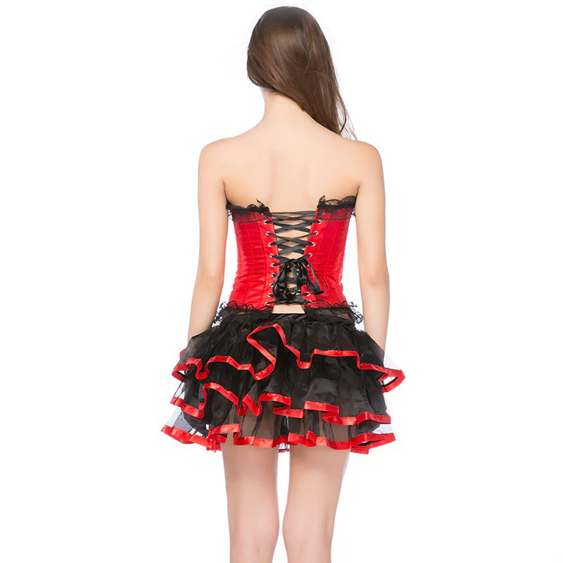 Back view of a sexy two-piece dress featuring a red corset and a black mini skirt with lace trim, perfect for trendy outings.