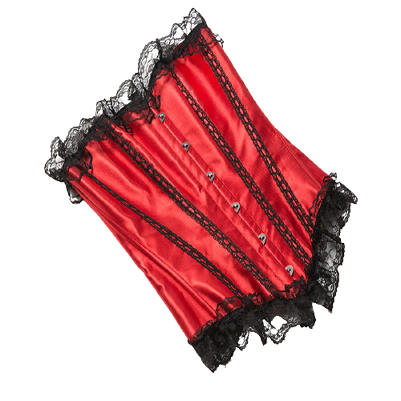 Red satin corset with black lace and decorative buttons, perfect for a sexy women's outfit.