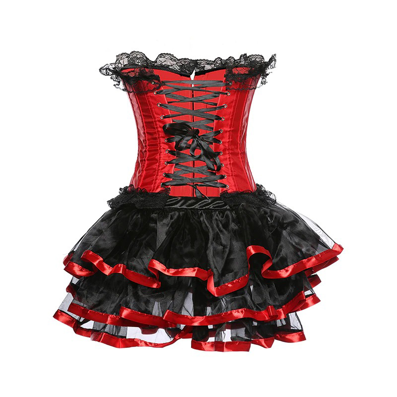 Sexy women's red corset with lace and ruffled black mini skirt, perfect for trendy outfits and entertainment occasions.