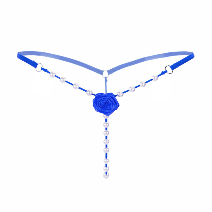 Sexy blue G-string thong with beading and flower design, perfect for intimate occasions and stylish outfits.