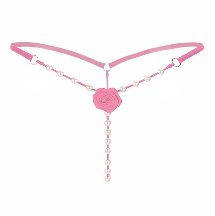 Pink beaded flower G-string thong for women, featuring a harness design and rose detail, perfect for intimate outfits.