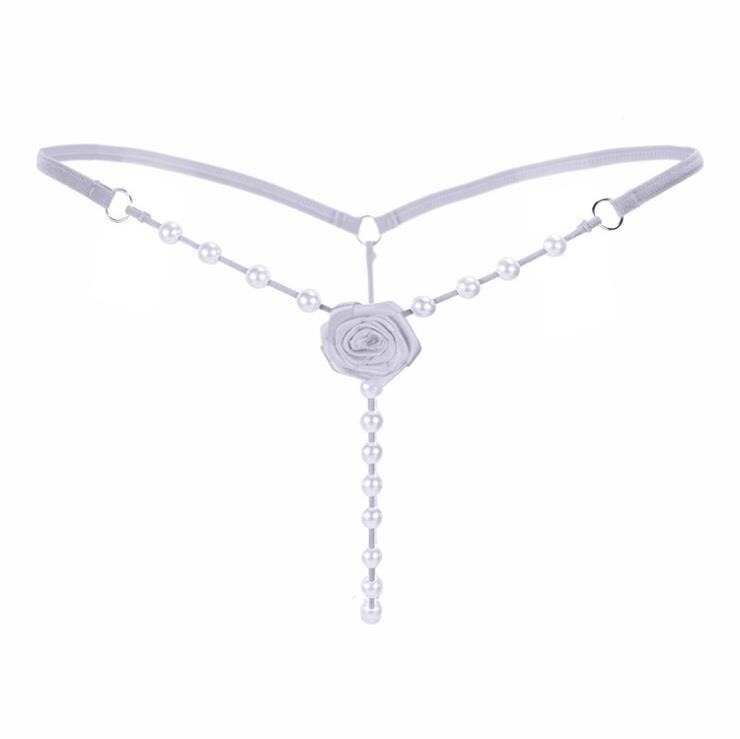 Sexy women's G-string thong featuring elegant beading and a rose flower design for a seductive touch.