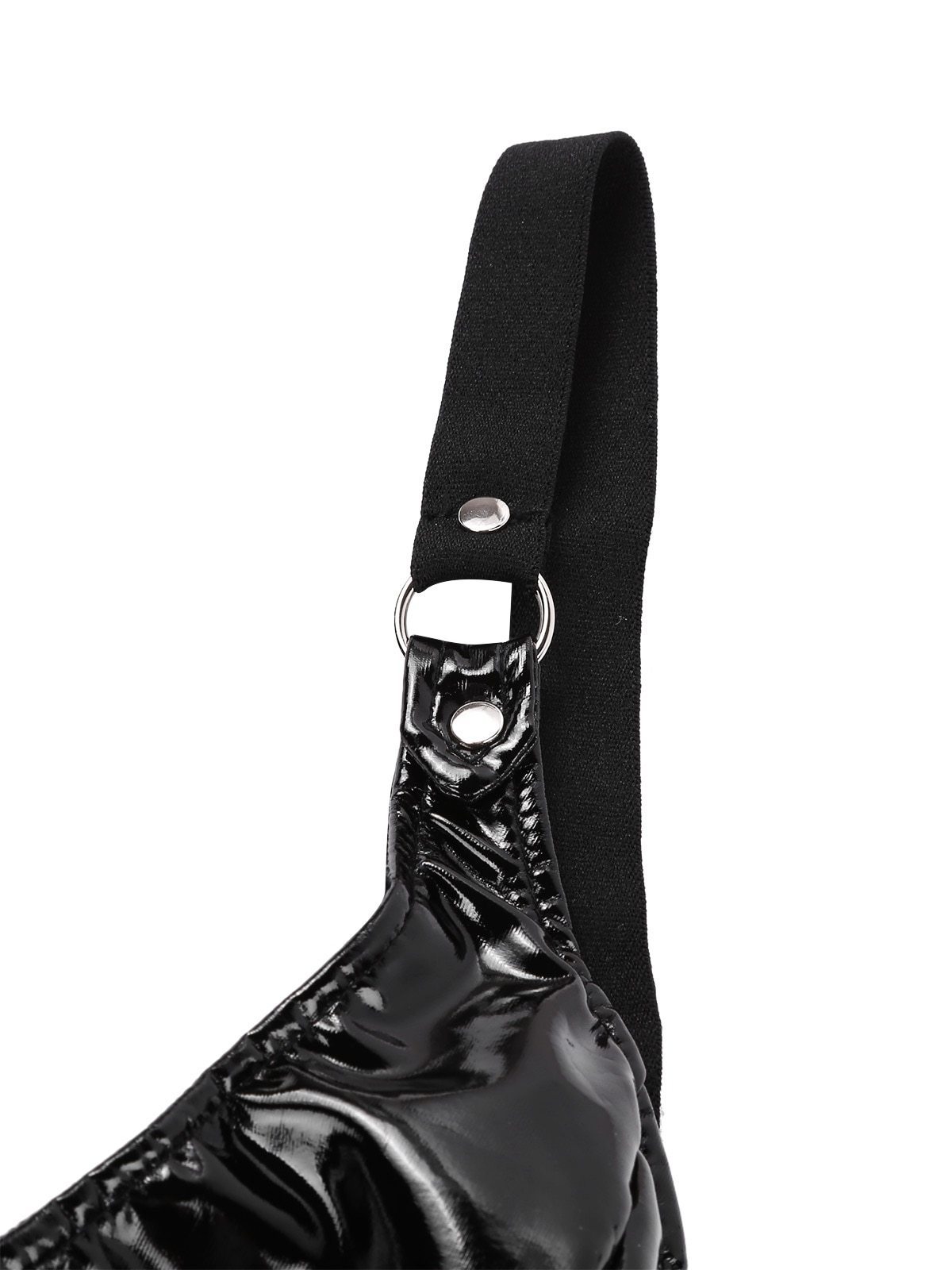 Close-up of elastic strap and shiny black faux leather bra, perfect for gothic lingerie sets.