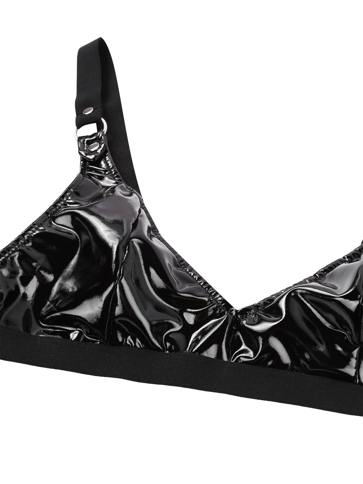 Gothic style women's black faux leather bikini bra with elastic straps for sexy lingerie looks.