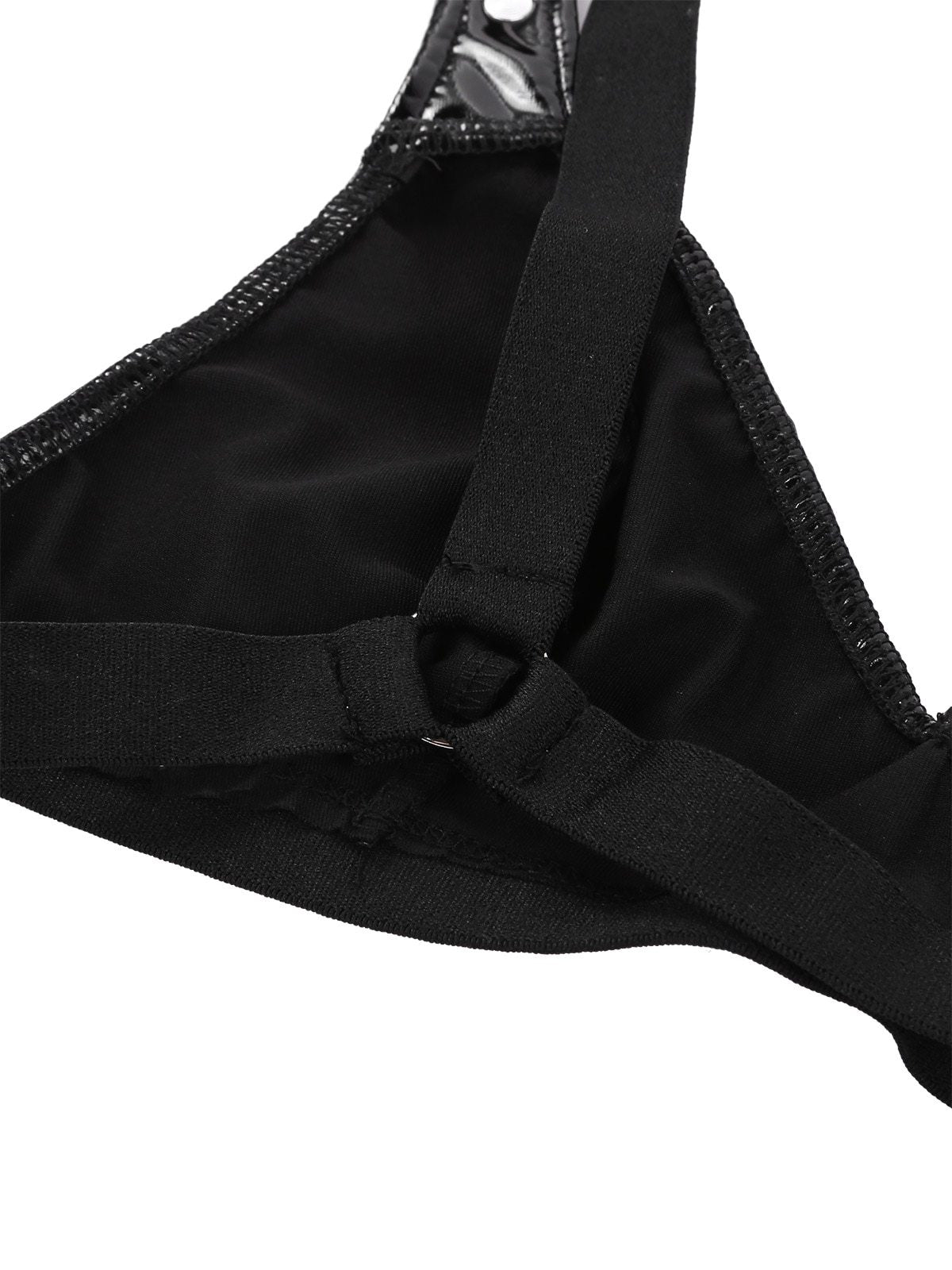 Close-up of black gothic bikini bra with elastic straps and faux leather accents, perfect for edgy lingerie look.