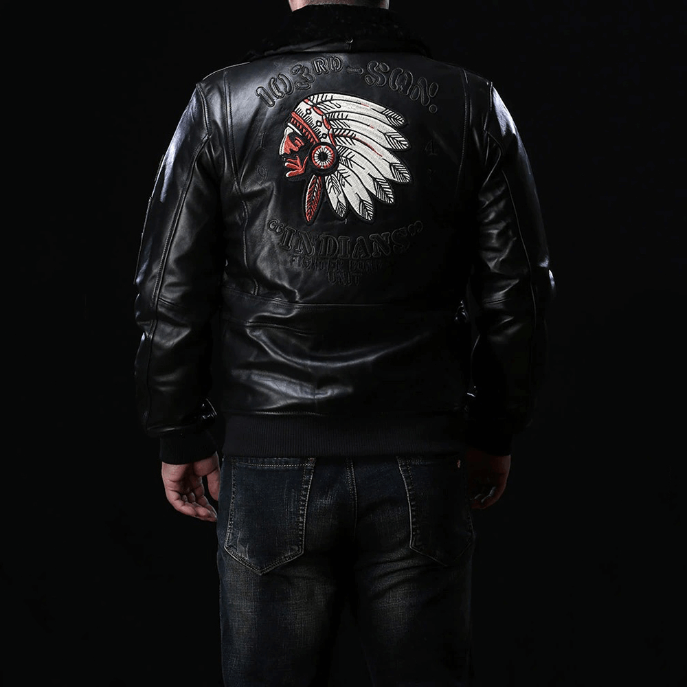 Sheep Leather Men's Bomber Jacket With Fur / Vintage Lambskin Jacket With Embroidery - HARD'N'HEAVY