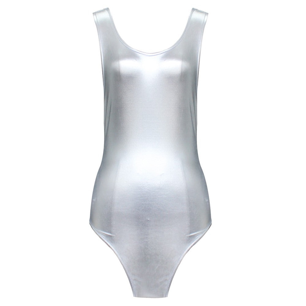Shiny silver latex women's bodysuit, perfect for sexy occasions and stylish daily wear.