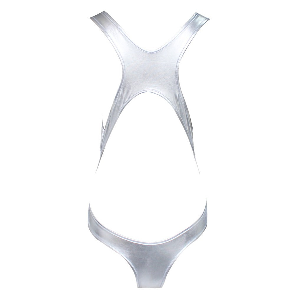 Shiny silver latex women's bodysuit with a thong back and stylish cross-back design, perfect for erotic occasions.