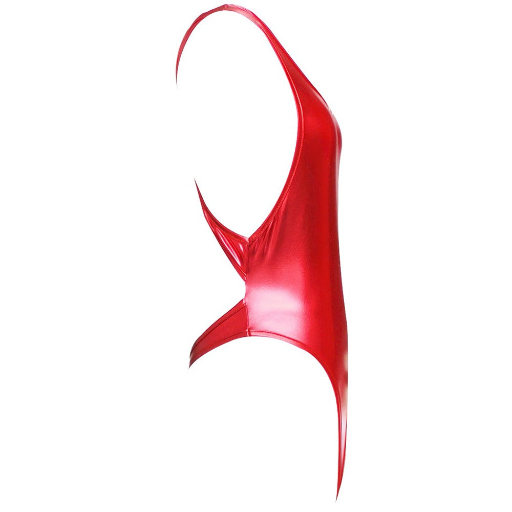 Shiny red latex bodysuit side view, perfect for sexy occasions and stylish outings.