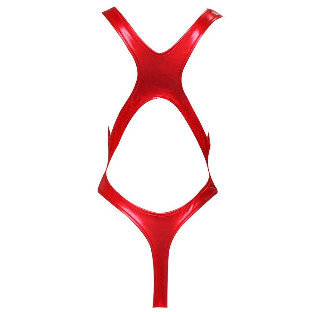 Red shiny latex thong bodysuit with open back, perfect for sexy outfits and seductive occasions.