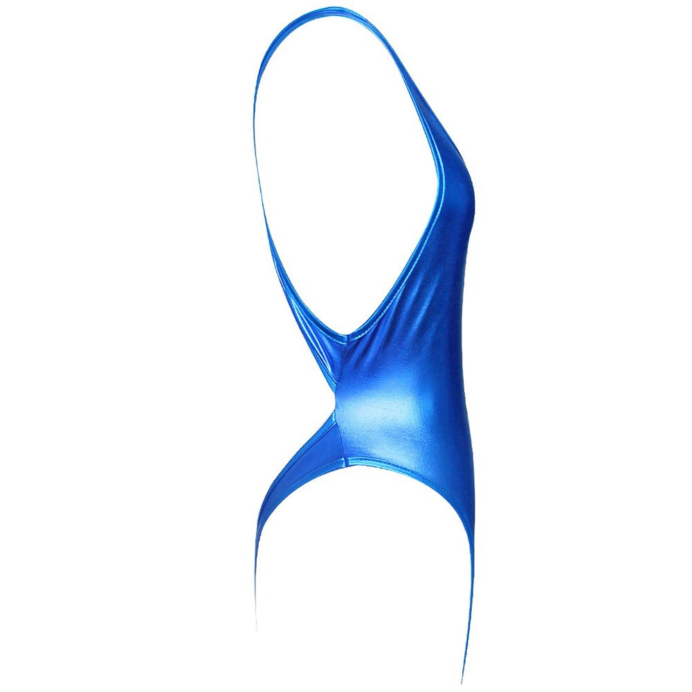Shiny blue latex women's bodysuit, sexy leotard style with a daring cut, perfect for sensual occasions.