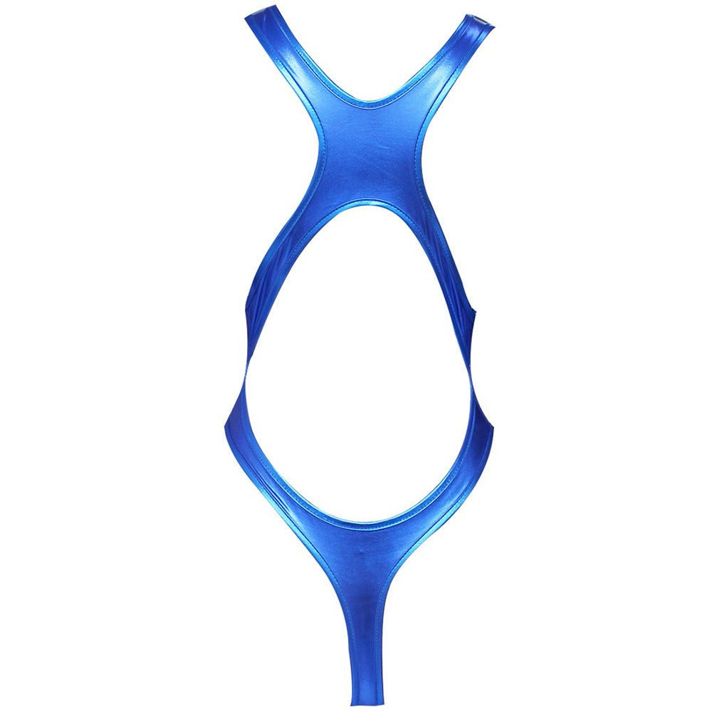 Sleek blue latex thong bodysuit with cut-out design, perfect for sexy occasions and romantic wear.