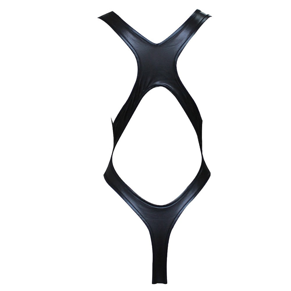 Black shiny latex women's bodysuit with a thong design and open back, perfect for romantic and erotic occasions.