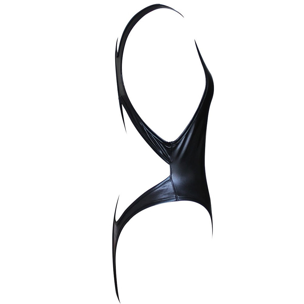 Shiny black latex women's bodysuit featuring a daring cut and a sexy thong style, perfect for romantic occasions.