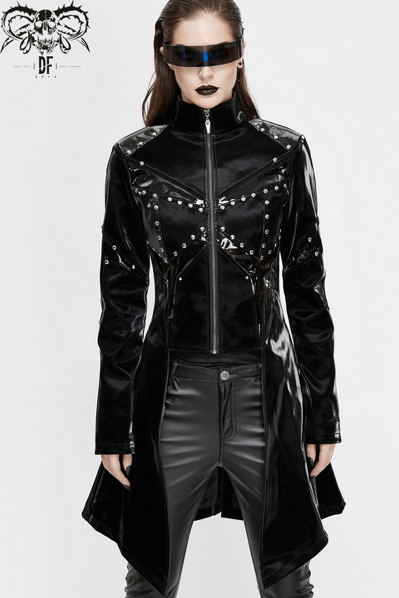 Shiny PU Leather Jackets With Studs / Gothic Front Zip Long Jackets / Alternative Clothing - HARD'N'HEAVY