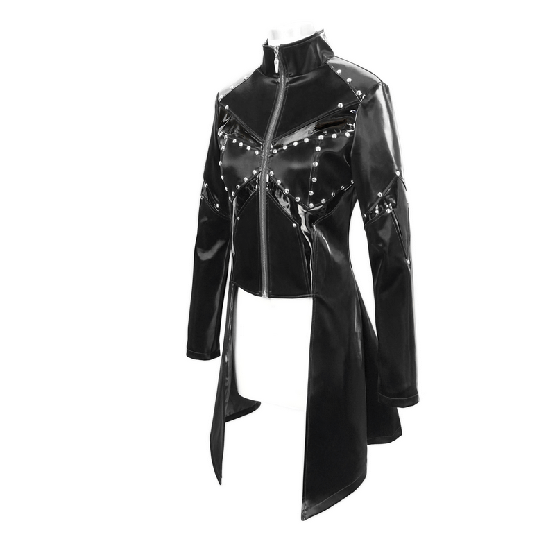 Shiny PU Leather Jackets With Studs / Gothic Front Zip Long Jackets / Alternative Clothing - HARD'N'HEAVY