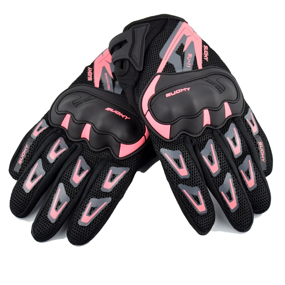 Shockproof motorcycle gloves in black and pink, designed for touch screens and intense activities.