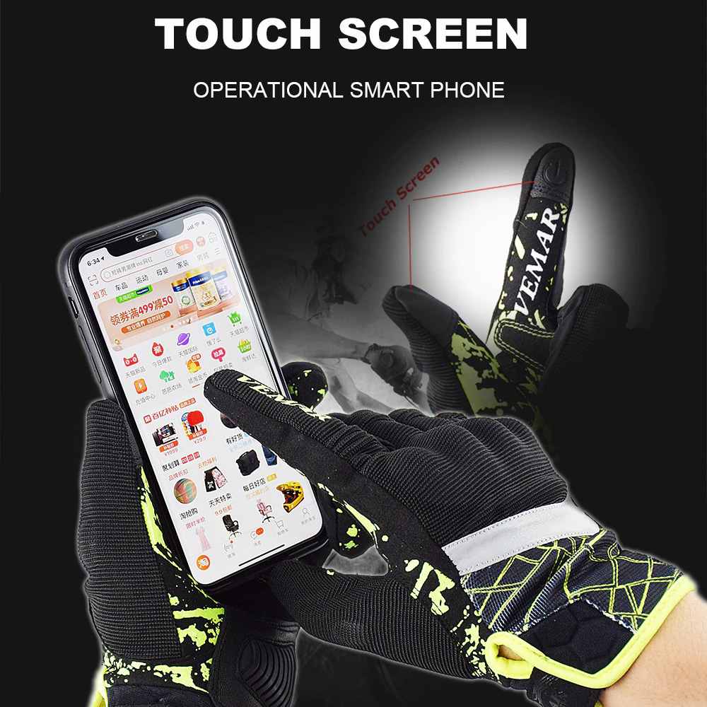 Shockproof motorcycle gloves with touch screen capability for easy smartphone use while riding.