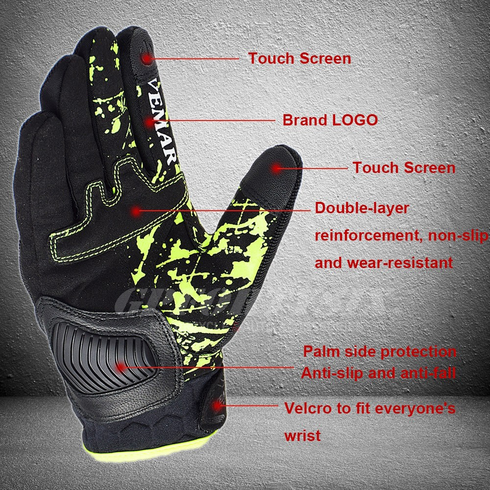 Rock style shockproof motorcycle gloves with touch screen, anti-slip elements, and Velcro for wrist adjustment.