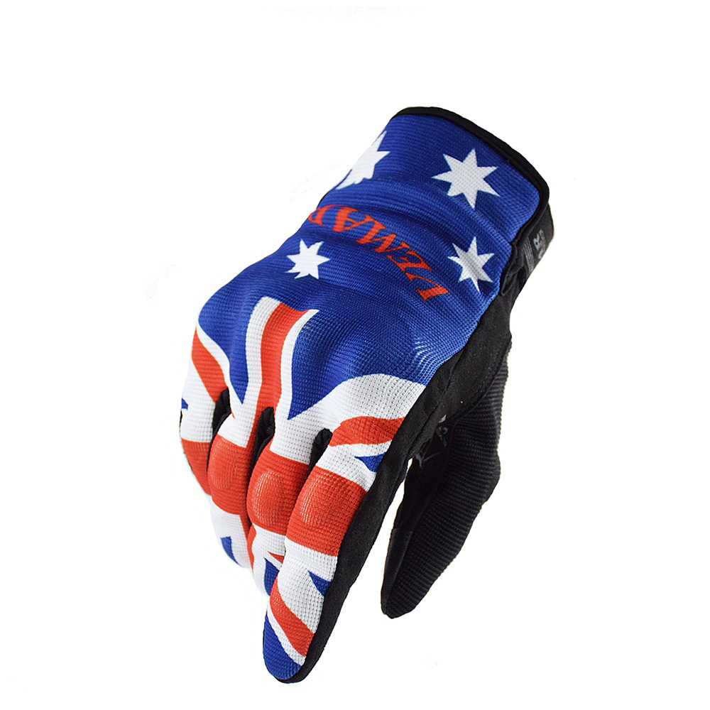 Shockproof motorcycle glove in bold Australian flag design, perfect for bikers and touch screen use.