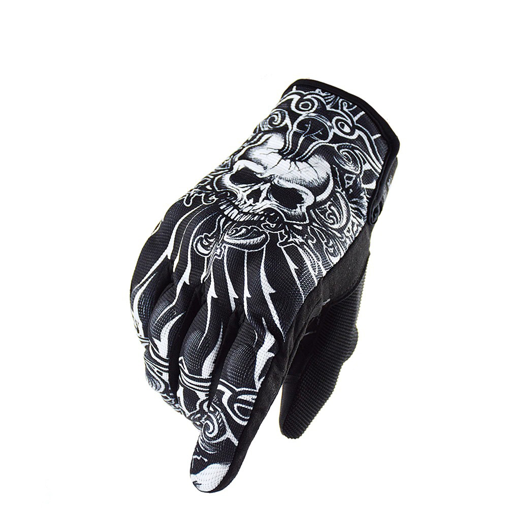 Shockproof motorcycle gloves in rock style with skull design, ideal for touch screen use and intense activities.