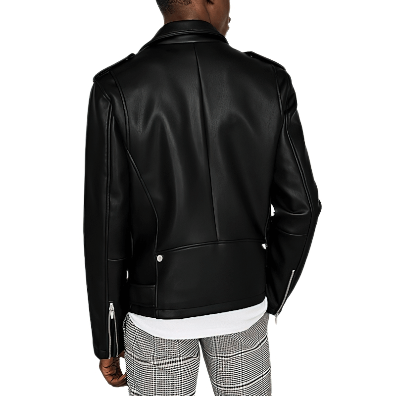 Short Black Biker Motorcycle Jacket for Men / Belt Loose Soft Faux Leather Jackets