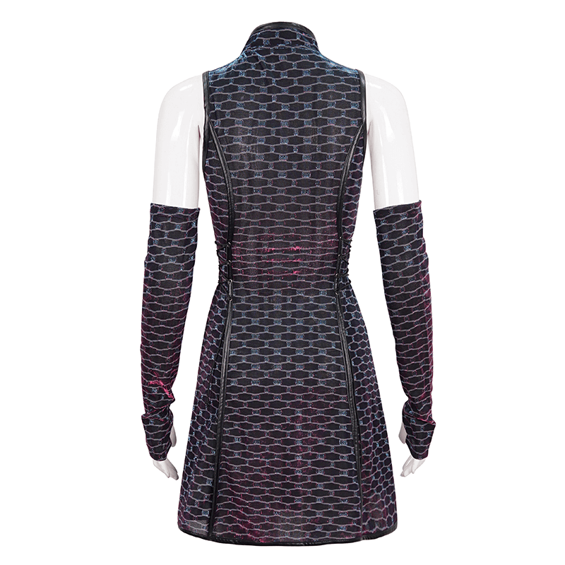 Back view of a stylish short punk dress with lace-up waist and detachable long gloves.