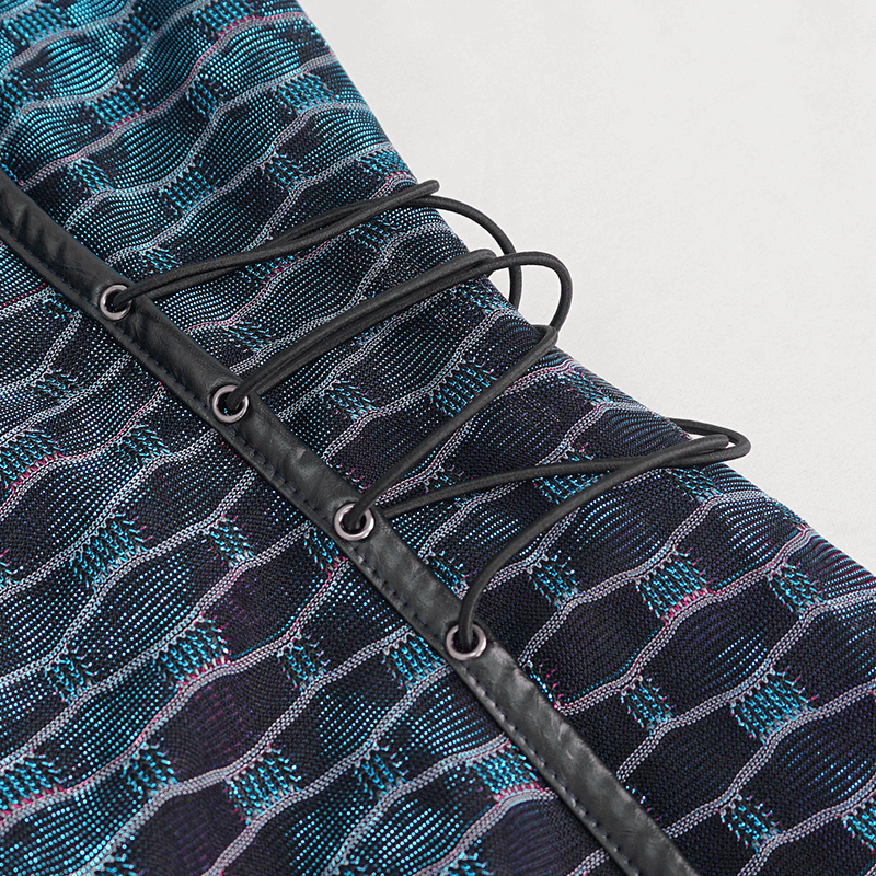 Close-up of lace-up detail on the waist of a short punk dress in stylish fabric.