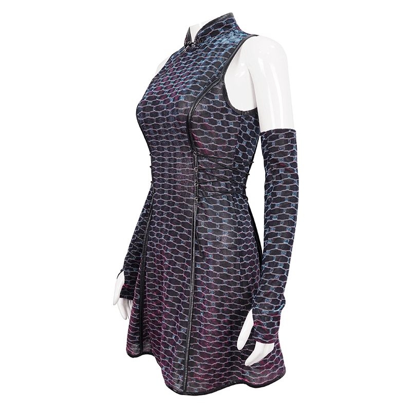 Short punk dress with lace-up waist and detachable long gloves in a edgy design.