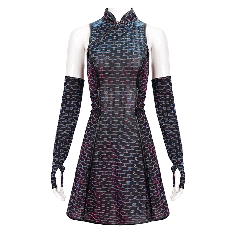 Short punk dress with lace-up waist and detachable long gloves in a striking black and blue pattern.