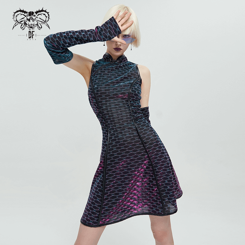 Short punk dress with lace-up waist, featuring detachable long gloves for a stunning look.