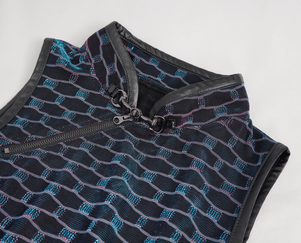 Close-up of a stylish black punk dress featuring intricate blue woven patterns and a sleek zip collar.