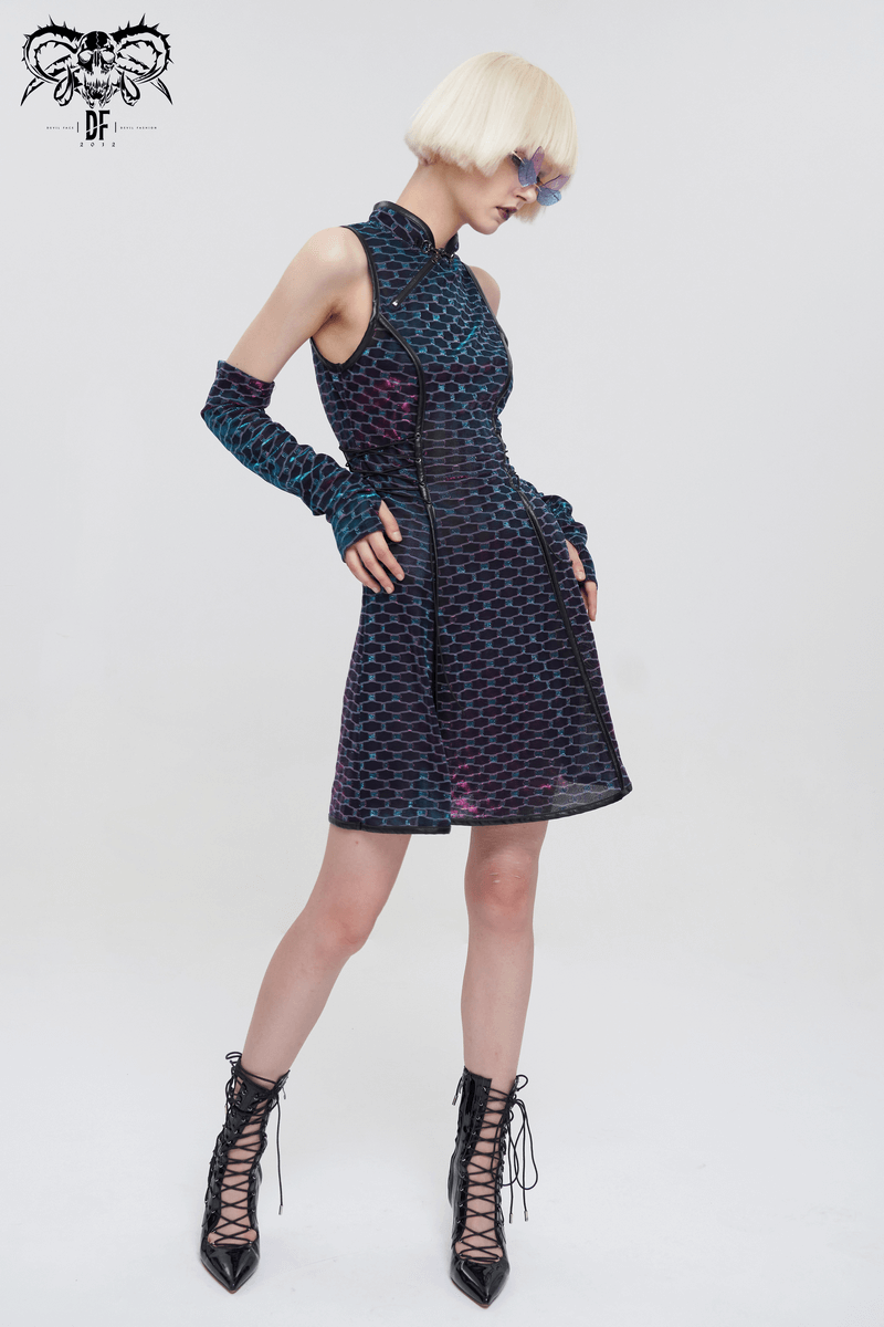Short punk dress with lace-up waist and detachable long gloves, stylish design for a bold look.
