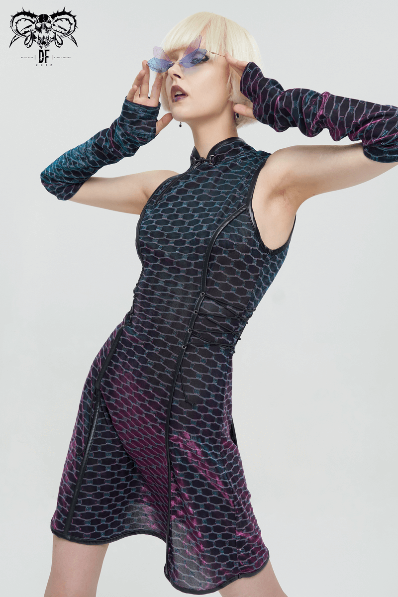 Fashionable punk dress with lace-up waist and detachable long gloves, showcasing an edgy look perfect for unique styles.