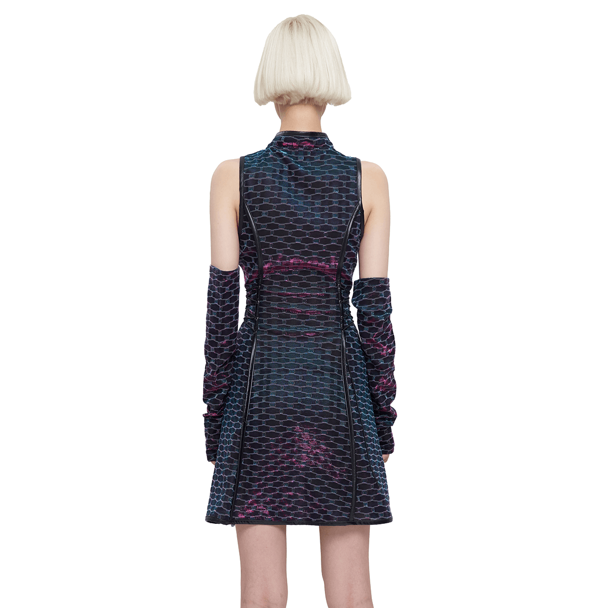 Back view of a stylish women's short punk dress with lace-up waist and detachable long gloves.