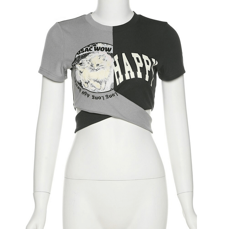 Short-Sleeved Bicolor Graphic Crop Top in Retro Style / Women's Alternative Clothing